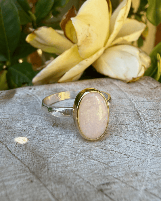 Oval Australian Opal Ring with Sterling Silver & 9ct Gold - Kathy Sayce Jewellery
