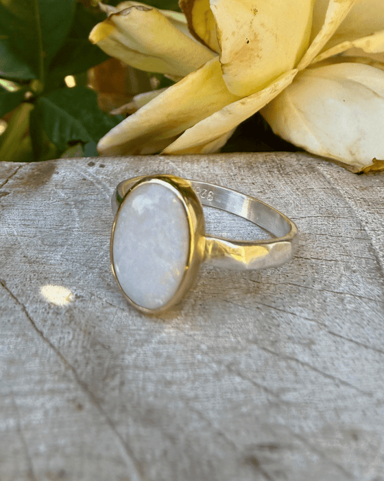 Oval Australian Opal Ring with Sterling Silver & 9ct Gold - Kathy Sayce Jewellery