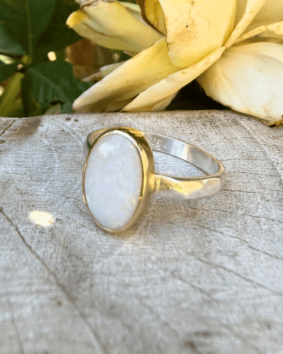 Oval Australian Opal Ring with Sterling Silver & 9ct Gold - Kathy Sayce Jewellery