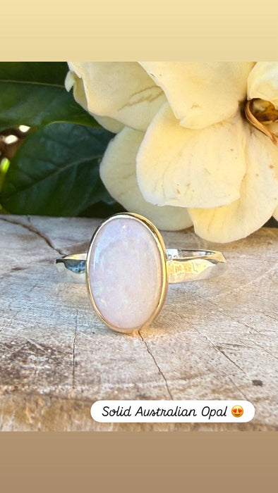 Oval Australian Opal Ring with Sterling Silver & 9ct Gold - Kathy Sayce Jewellery