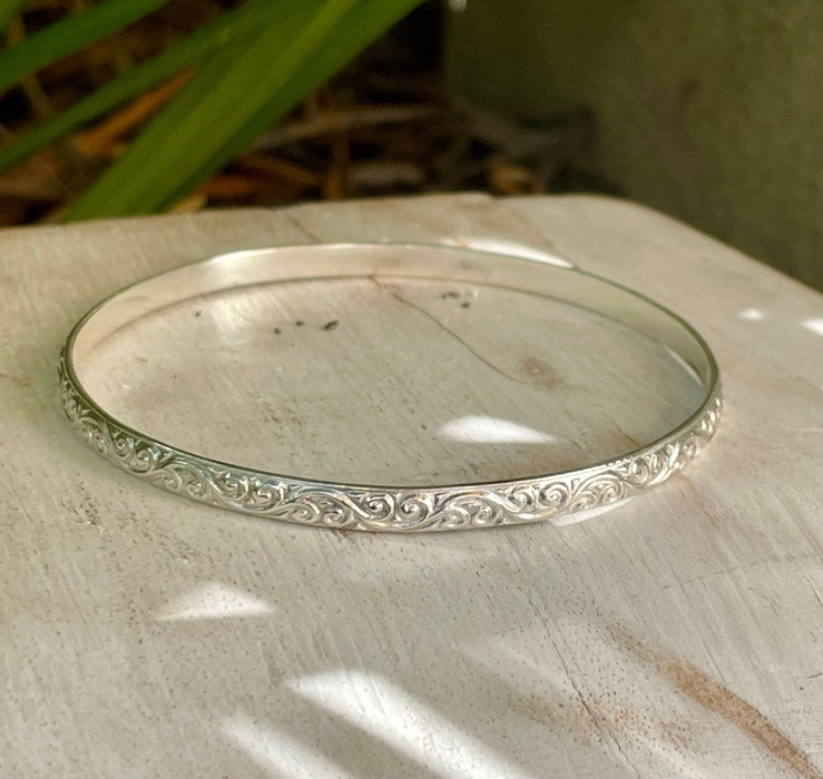 Patterned Sterling Silver Bangle - Size Medium - Kathy Sayce Jewellery