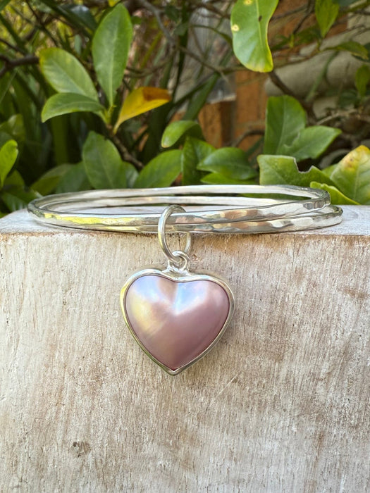 Pearl Heart Charm Bangle - Pink Mabe Pearl and Sterling Silver - Kathy Sayce Jewellery