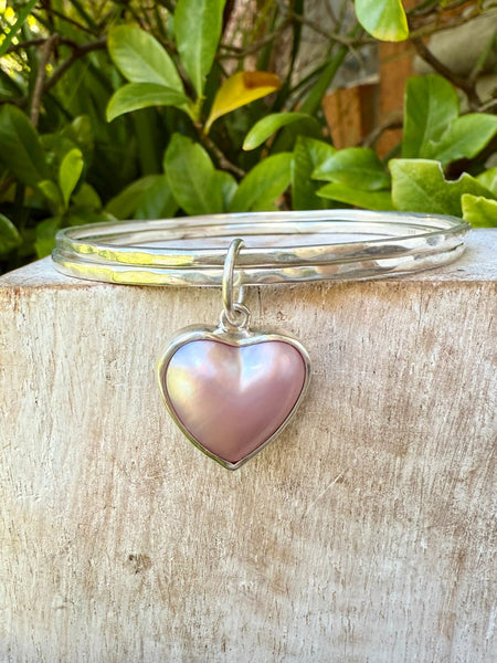 Pearl Heart Charm Bangle - Pink Mabe Pearl and Sterling Silver - Kathy Sayce Jewellery