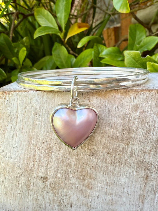 Pearl Heart Charm Bangle - Pink Mabe Pearl and Sterling Silver - Kathy Sayce Jewellery