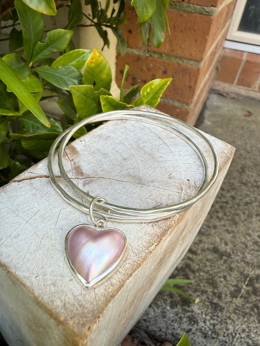 Pearl Heart Charm Bangle - Pink Mabe Pearl and Sterling Silver - Kathy Sayce Jewellery