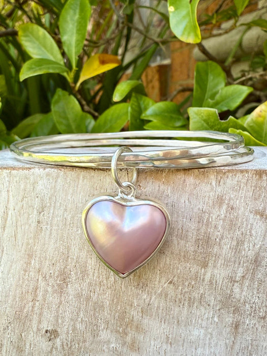 Pearl Heart Charm Bangle - Pink Mabe Pearl and Sterling Silver - Kathy Sayce Jewellery