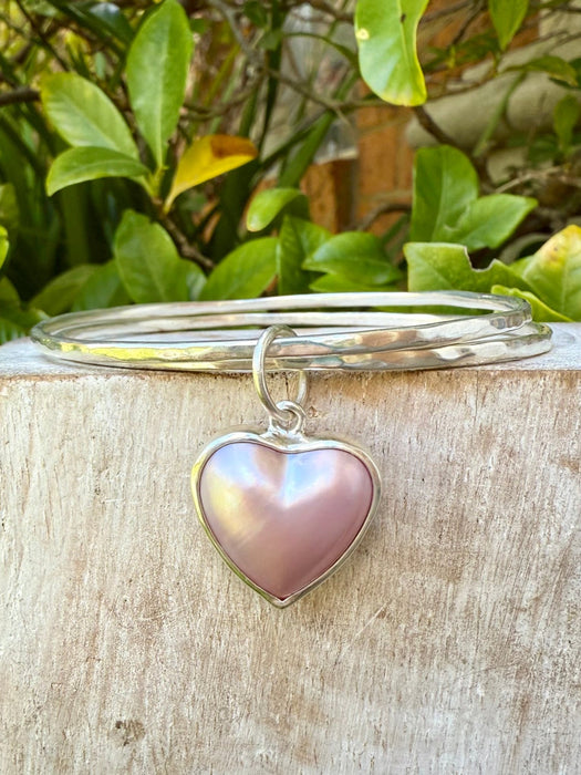 Pearl Heart Charm Bangle - Pink Mabe Pearl and Sterling Silver - Kathy Sayce Jewellery