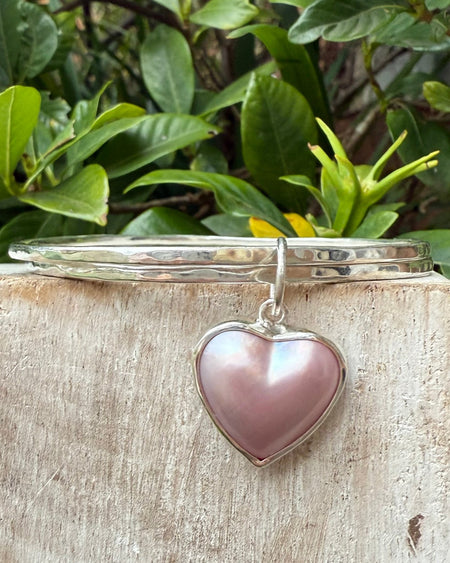 Pearl Heart Charm Bangle - Pink Mabe Pearl and Sterling Silver - Kathy Sayce Jewellery
