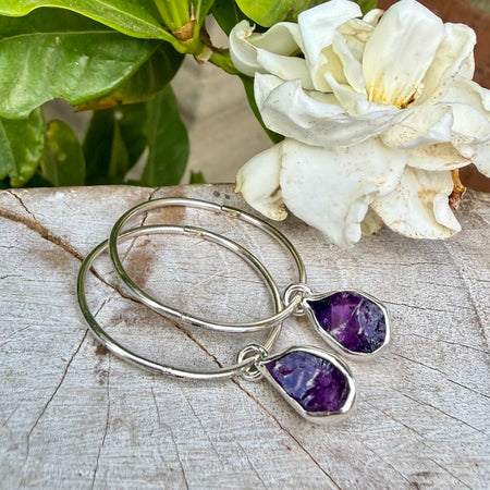Raw Amethyst Hoop Earrings – 25mm Sterling Silver Sleepers - Kathy Sayce Jewellery