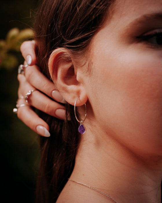 Raw Amethyst Hoop Earrings – 25mm Sterling Silver Sleepers - Kathy Sayce Jewellery