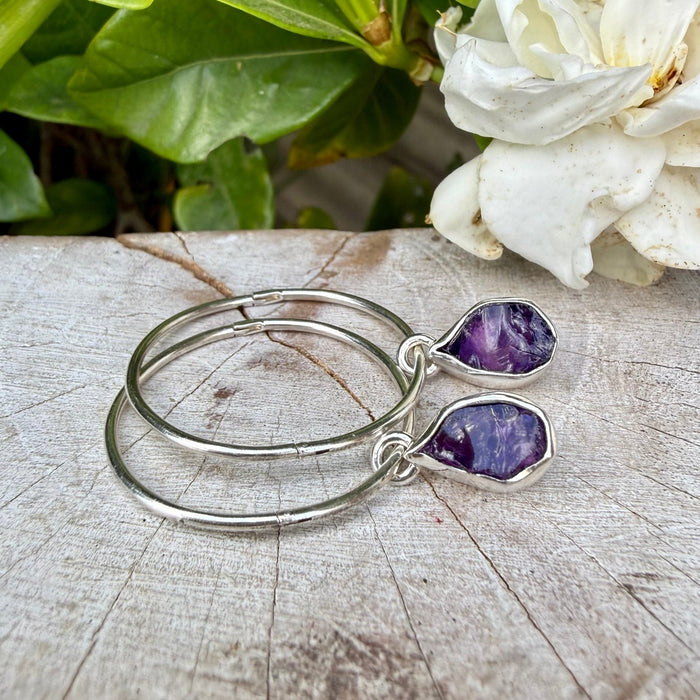 Raw Amethyst Hoop Earrings – 25mm Sterling Silver Sleepers - Kathy Sayce Jewellery