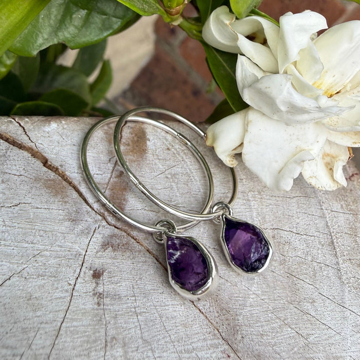 Raw Amethyst Hoop Earrings – 25mm Sterling Silver Sleepers - Kathy Sayce Jewellery