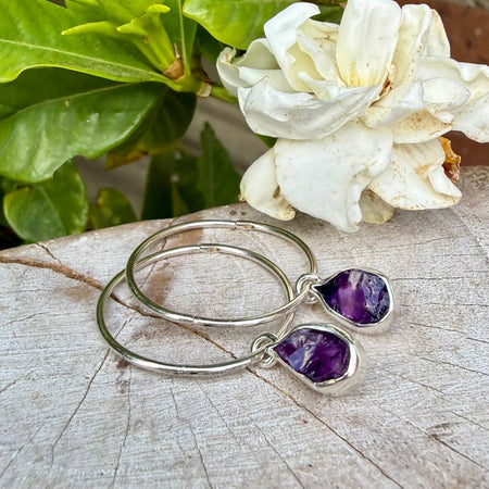 Raw Amethyst Hoop Earrings – 25mm Sterling Silver Sleepers - Kathy Sayce Jewellery