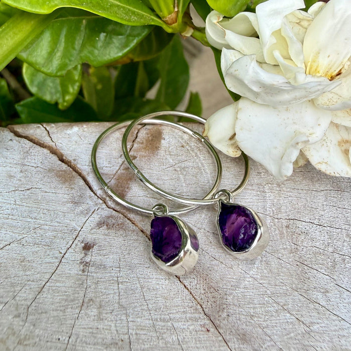 Raw Amethyst Hoop Earrings – 25mm Sterling Silver Sleepers - Kathy Sayce Jewellery