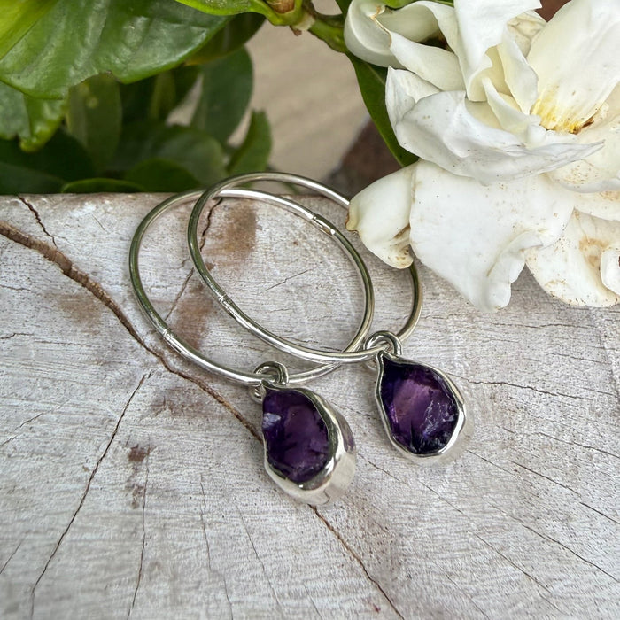 Raw Amethyst Hoop Earrings – 25mm Sterling Silver Sleepers - Kathy Sayce Jewellery