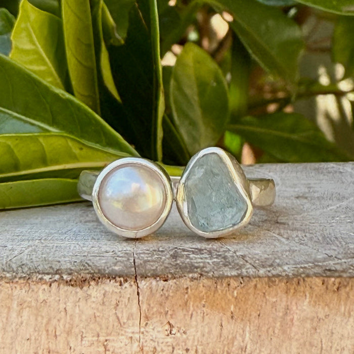 Raw Aquamarine and Freshwater Pearl Ring - Open Band Ring (slightly adjustable) - Kathy Sayce Jewellery