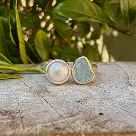 Raw Aquamarine and Freshwater Pearl Ring - Open Band Ring (slightly adjustable) - Kathy Sayce Jewellery