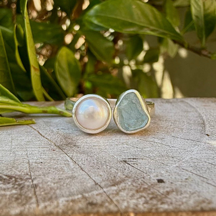 Raw Aquamarine and Freshwater Pearl Ring - Open Band Ring (slightly adjustable) - Kathy Sayce Jewellery