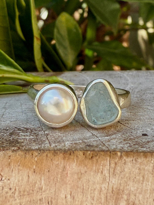 Raw Aquamarine and Freshwater Pearl Ring - Open Band Ring (slightly adjustable) - Kathy Sayce Jewellery