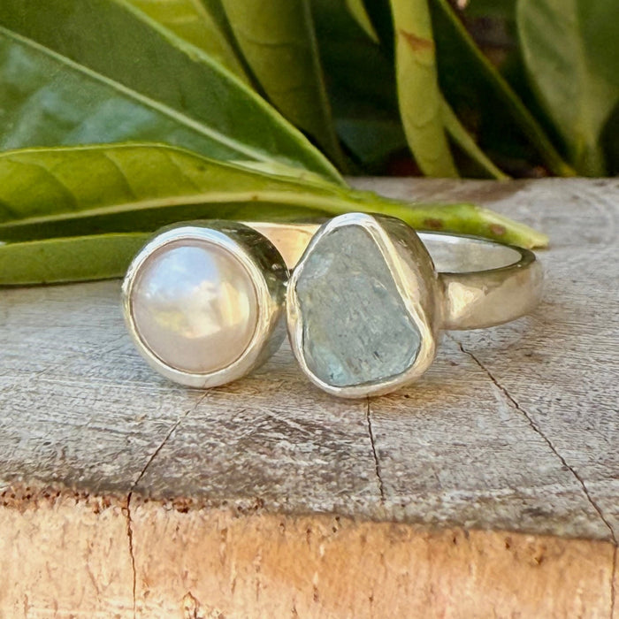 Raw Aquamarine and Freshwater Pearl Ring - Open Band Ring (slightly adjustable) - Kathy Sayce Jewellery