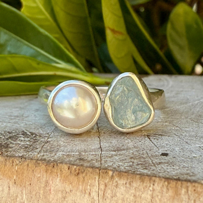 Raw Aquamarine and Freshwater Pearl Ring - Open Band Ring (slightly adjustable) - Kathy Sayce Jewellery