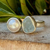 Raw Aquamarine and Freshwater Pearl Ring - Open Band Ring (slightly adjustable) - Kathy Sayce Jewellery