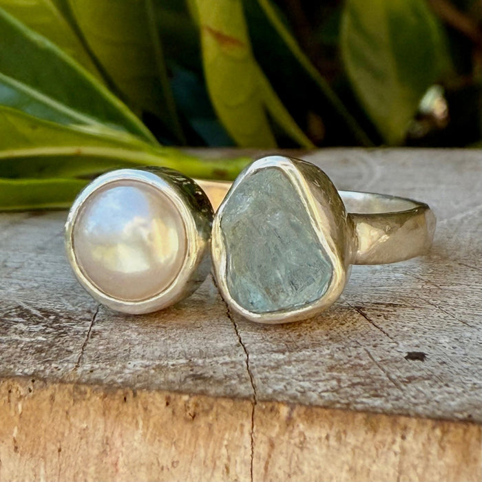 Raw Aquamarine and Freshwater Pearl Ring - Open Band Ring (slightly adjustable) - Kathy Sayce Jewellery