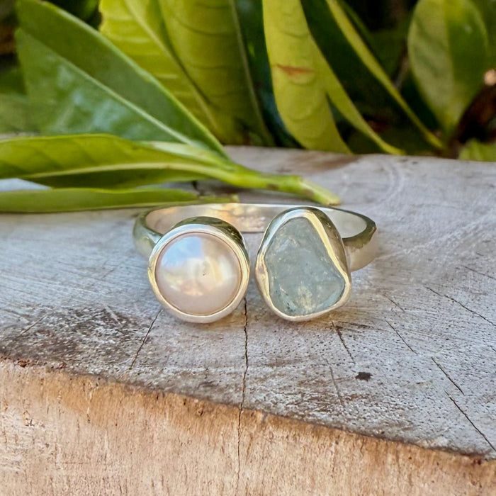 Raw Aquamarine and Freshwater Pearl Ring - Open Band Ring (slightly adjustable) - Kathy Sayce Jewellery