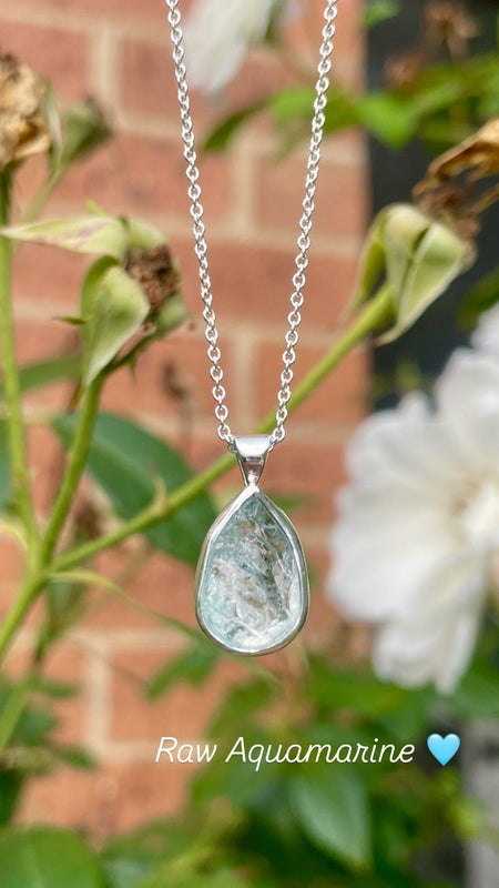 Raw Aquamarine Pendant on 45cm Sterling Silver Chain – Natural Gemstone Necklace - Kathy Sayce Jewellery