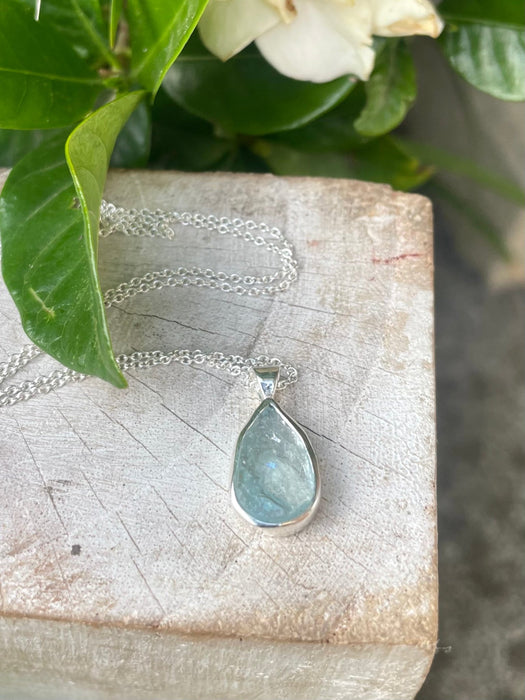 Raw Aquamarine Pendant on 45cm Sterling Silver Chain – Natural Gemstone Necklace - Kathy Sayce Jewellery