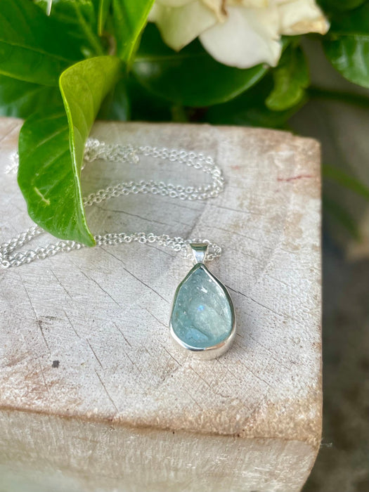 Raw Aquamarine Pendant on 45cm Sterling Silver Chain – Natural Gemstone Necklace - Kathy Sayce Jewellery