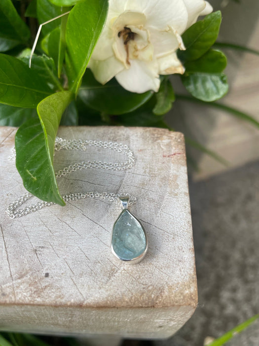 Raw Aquamarine Pendant on 45cm Sterling Silver Chain – Natural Gemstone Necklace - Kathy Sayce Jewellery