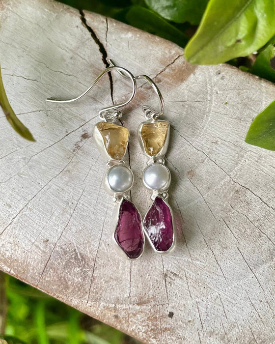 Raw Citrine, Rhodolite Garnet & Freshwater Pearl Earrings – Natural Gemstone Dangle Earrings - Kathy Sayce Jewellery