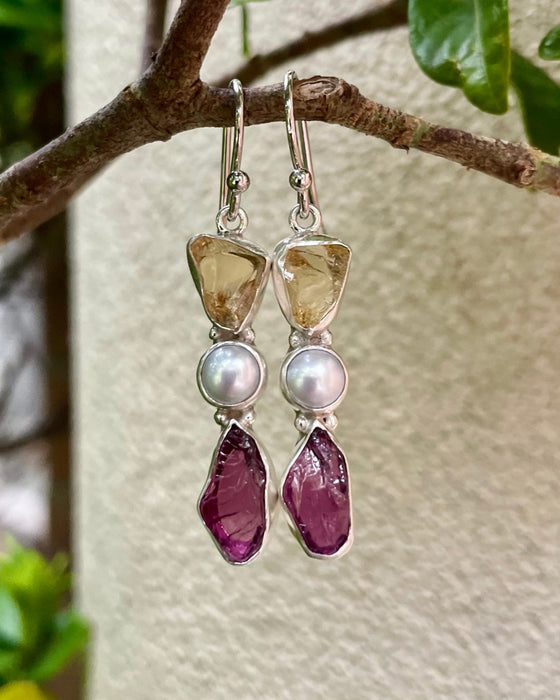 Raw Citrine, Rhodolite Garnet & Freshwater Pearl Earrings – Natural Gemstone Dangle Earrings - Kathy Sayce Jewellery