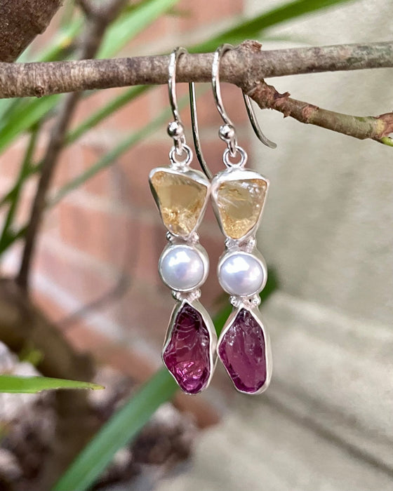Raw Citrine, Rhodolite Garnet & Freshwater Pearl Earrings – Natural Gemstone Dangle Earrings - Kathy Sayce Jewellery