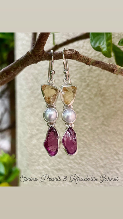 Raw Citrine, Rhodolite Garnet & Freshwater Pearl Earrings – Natural Gemstone Dangle Earrings - Kathy Sayce Jewellery