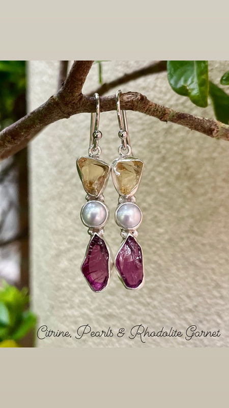Raw Citrine, Rhodolite Garnet & Freshwater Pearl Earrings – Natural Gemstone Dangle Earrings - Kathy Sayce Jewellery