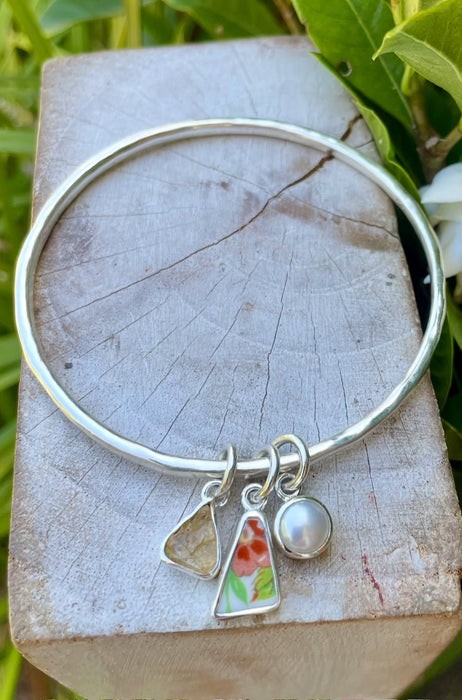 Raw Citrine, Upcycled Plate, and Freshwater Pearl Charm Bangle - Sterling Silver - Kathy Sayce Jewellery