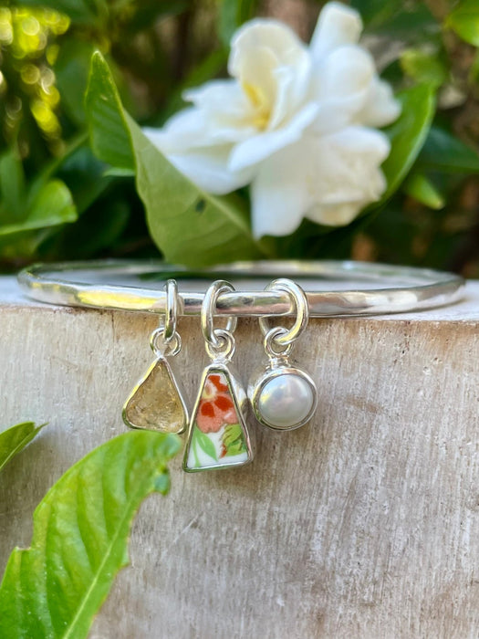 Raw Citrine, Upcycled Plate, and Freshwater Pearl Charm Bangle - Sterling Silver - Kathy Sayce Jewellery