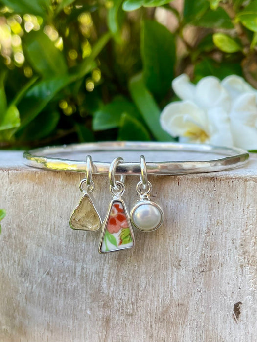 Raw Citrine, Upcycled Plate, and Freshwater Pearl Charm Bangle - Sterling Silver - Kathy Sayce Jewellery