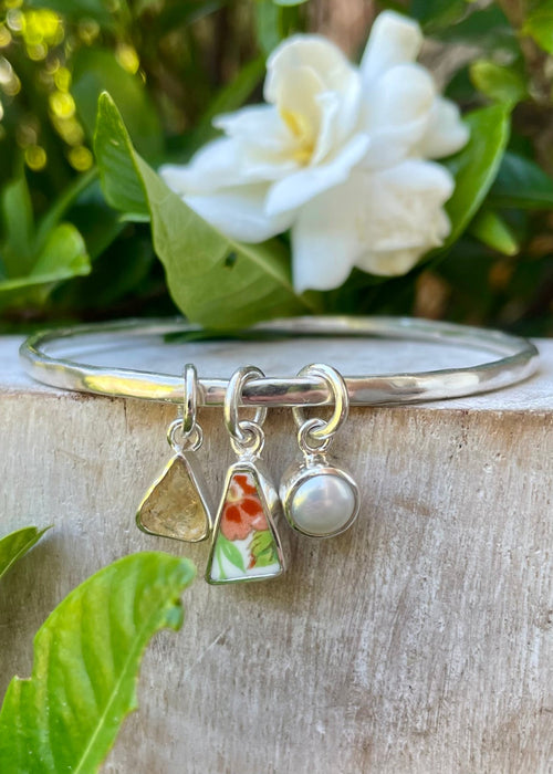 Raw Citrine, Upcycled Plate, and Freshwater Pearl Charm Bangle - Sterling Silver - Kathy Sayce Jewellery
