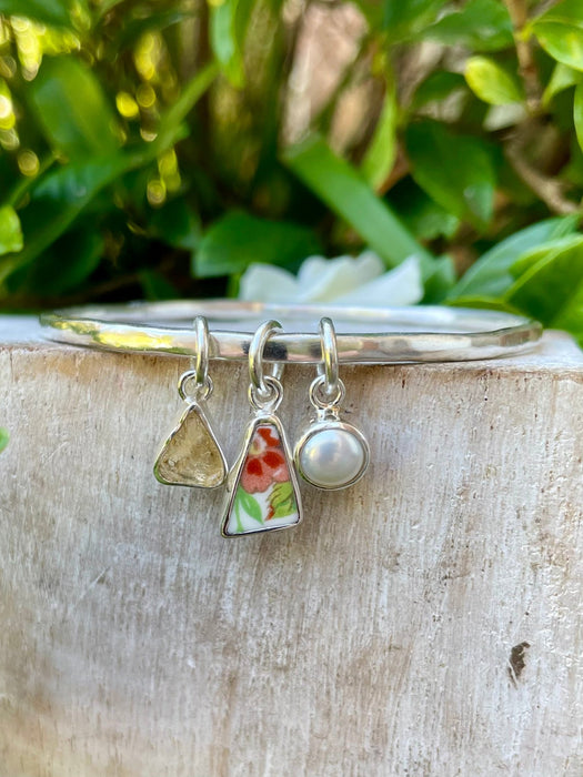 Raw Citrine, Upcycled Plate, and Freshwater Pearl Charm Bangle - Sterling Silver - Kathy Sayce Jewellery