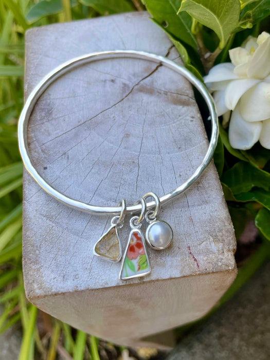 Raw Citrine, Upcycled Plate, and Freshwater Pearl Charm Bangle - Sterling Silver - Kathy Sayce Jewellery