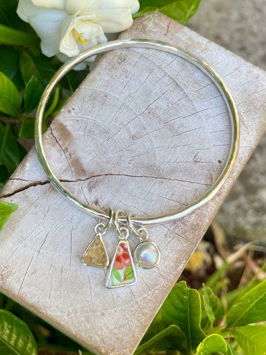Raw Citrine, Upcycled Plate, and Freshwater Pearl Charm Bangle - Sterling Silver - Kathy Sayce Jewellery