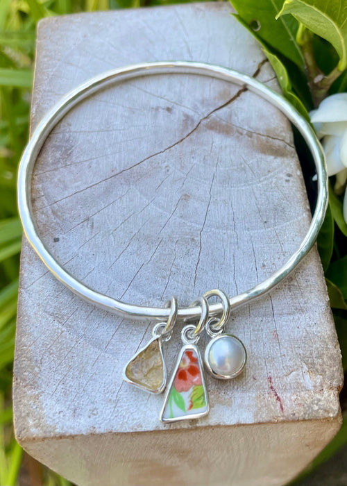 Raw Citrine, Upcycled Plate, and Freshwater Pearl Charm Bangle - Sterling Silver - Kathy Sayce Jewellery