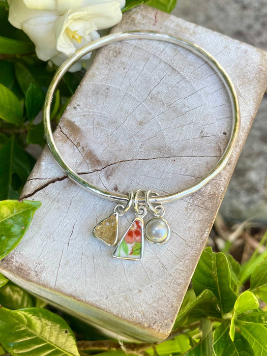 Raw Citrine, Upcycled Plate, and Freshwater Pearl Charm Bangle - Sterling Silver - Kathy Sayce Jewellery