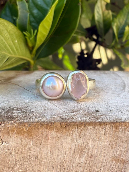 Raw Rose Quartz and Freshwater Pearl Ring - Open Band Ring (slightly adjustable) - Kathy Sayce Jewellery