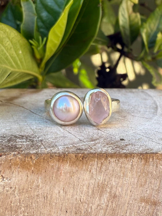 Raw Rose Quartz and Freshwater Pearl Ring - Open Band Ring (slightly adjustable) - Kathy Sayce Jewellery