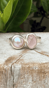 Raw Rose Quartz and Freshwater Pearl Ring - Open Band Ring (slightly adjustable) - Kathy Sayce Jewellery