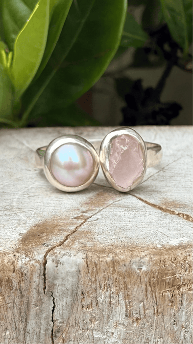 Raw Rose Quartz and Freshwater Pearl Ring - Open Band Ring (slightly adjustable) - Kathy Sayce Jewellery